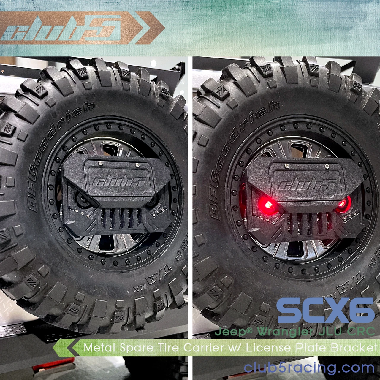 Spare Tire Carrier w/ License Plate Bracket ( Brake Light ) for SCX6 Jeep JLU Wrangler