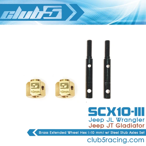 Brass Extended Wheel Hex (+10 mm) w/ Steel Stub Axles Set for SCX10 III Jeep JL Wrangler / JT Gladiator