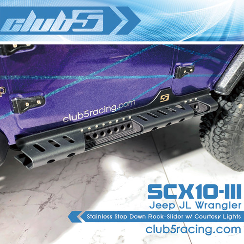 Stainless Steel Step Down Rock-Slider with Courtesy Lights for SCX10 III JL Wrangler