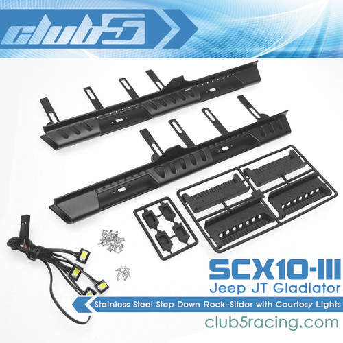 Anodized Aluminum Rock Slider with Courtesy Lights for SCX10 III JT Gladiator