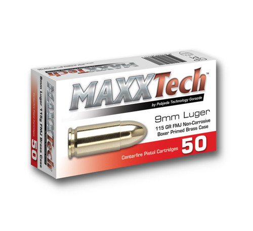 MaxxTech Brass 9mm Luger Ammo - 115 Grain | FMJ | 50rd Box