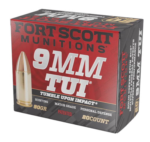 Fort Scott Munitions Tumble Upon Impact (TUI) 9mm Luger Ammo - 80 Grain | Solid Copper | 20rd Box (9MM080SCV)