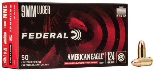 Federal American Eagle Indoor Range Training 9mm Luger Ammo - 124 Grain | TMJ | 50rd Box
