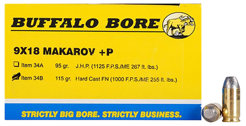 Buffalo Bore Personal Defense Strictly Business 9x18 Makarov +P Ammo - 115 Grain | Lead | 20rd Box
