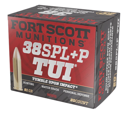 Fort Scott Munitions Tumble Upon Impact (TUI) 38 Special +P Ammo - 81 Grain | Solid Copper | 20rd Box