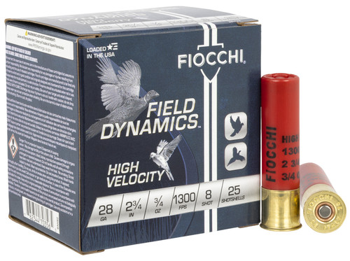 Fiocchi Field Dynamics High Velocity 28 Gauge Ammo - 2-3/4" | 3/4 oz | #8 Shot | 25rd Box