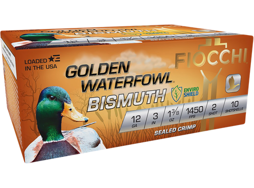Fiocchi Golden Waterfowl Bismuth 12 Gauge Ammo - 3" | 1 3/8 oz | #2 Bismuth Shot | 10rd Box