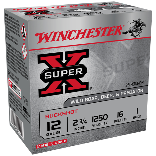 Winchester Super X 12 Gauge Ammo - 2-3/4" | 16 Pellet | 1 Buck | 25rd Box