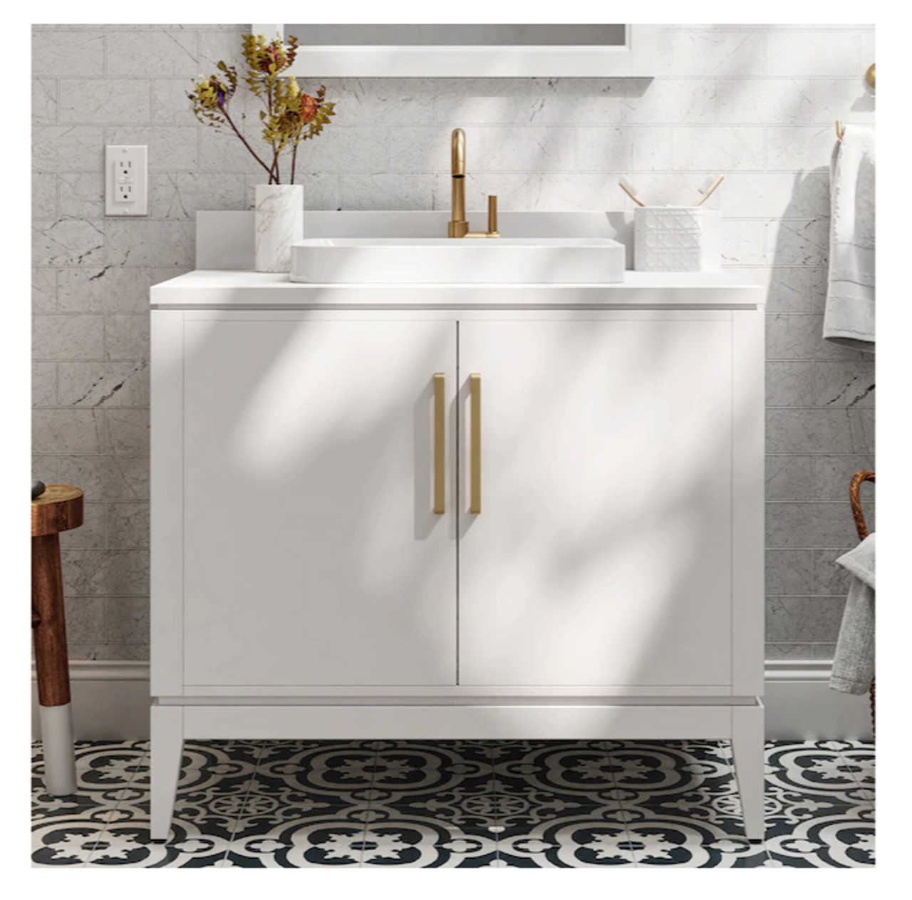 Allen + Roth Greer 36-in White Semi-recessed Single Sink Bathroom Vanity with White Engineered Stone Top