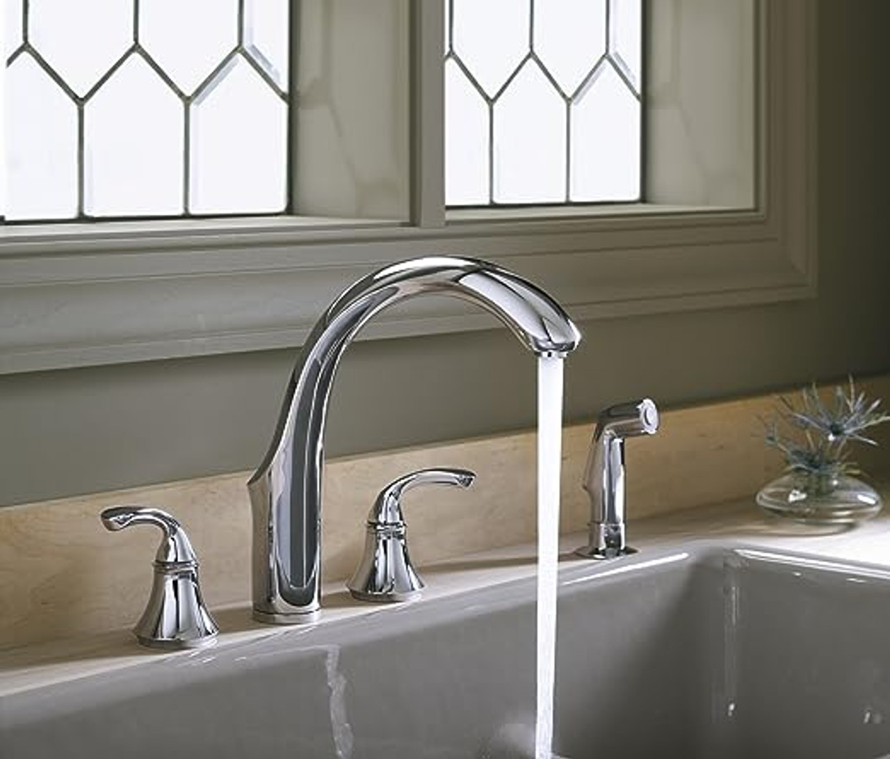 KOHLER 10445-CP Forté(R) 4-Hole Sink 7-3/4" spout, Matching Finish Sidespray Kitchen Faucet, Polished Chrome