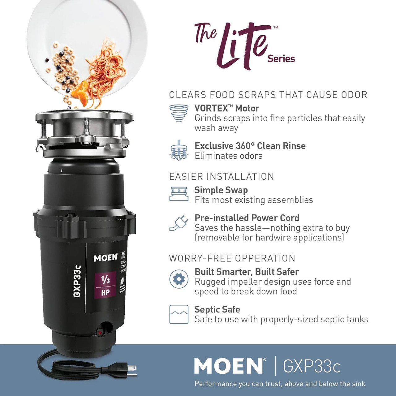 Moen GXP33C Lite Series PRO 1/3 HP Compact Continuous Feed Garbage Disposal 