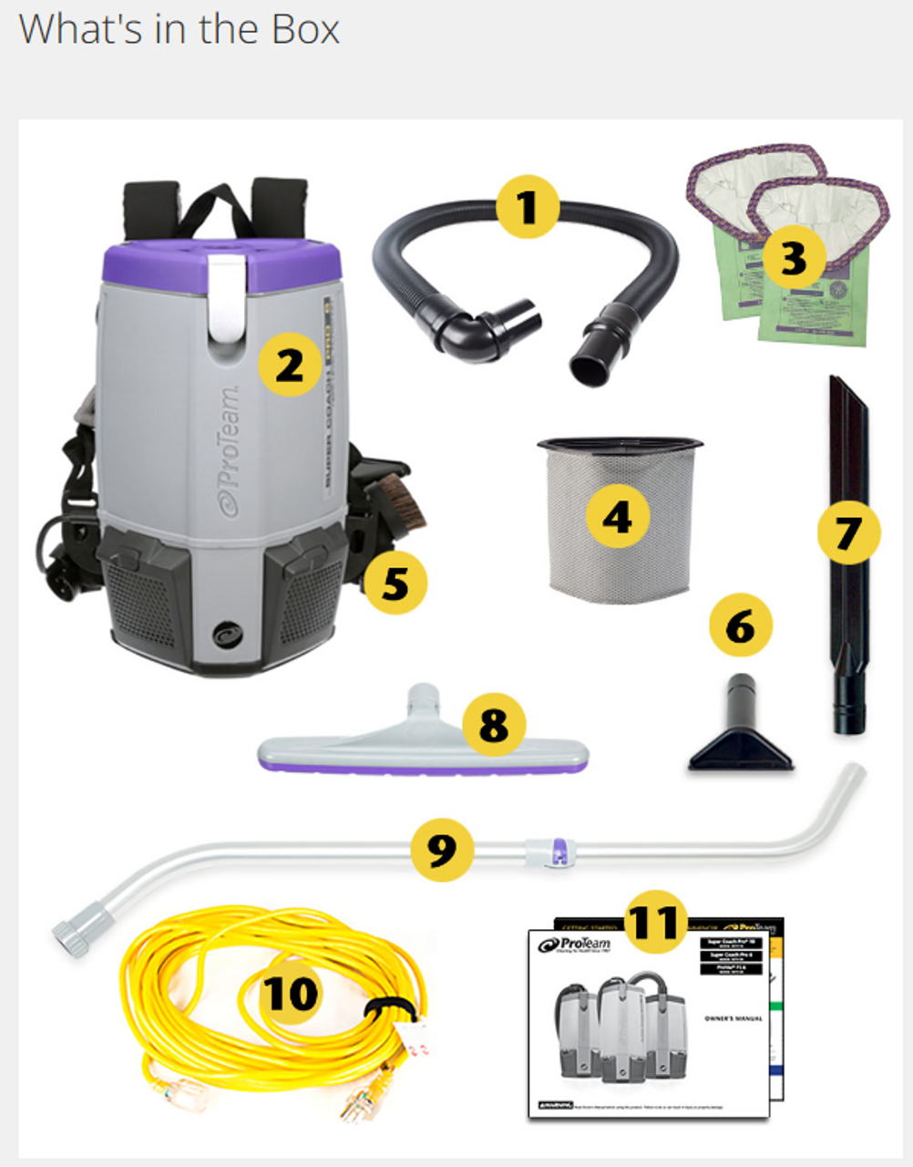 ProTeam Super Coach Pro 6 Quart Backpack Vacuum W/107100 Xover Telescoping Wand Kit & 101613 Tool