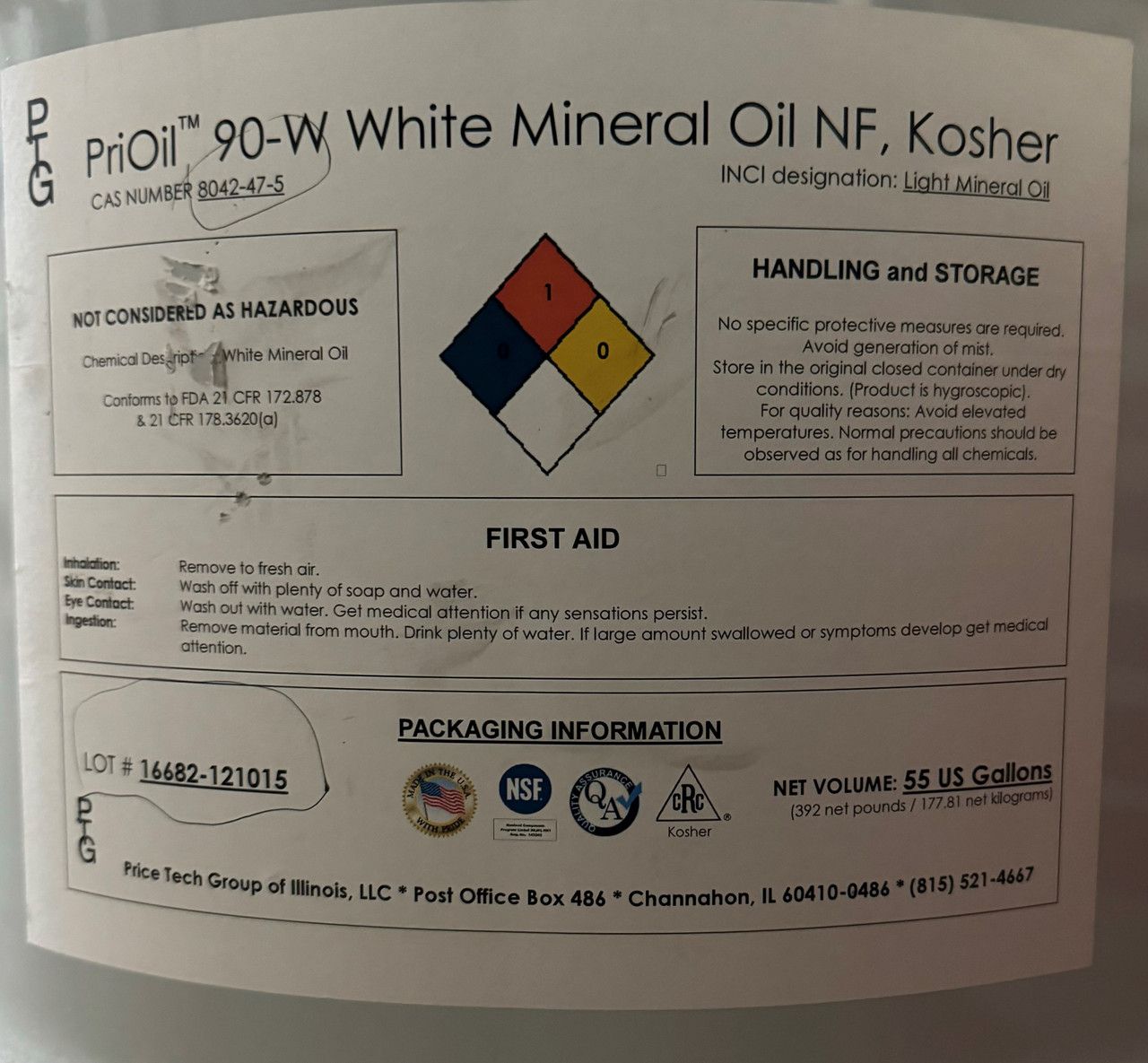 PriOil 90-W White Mineral Oil NF, Kosher )55 Gallon Drum)