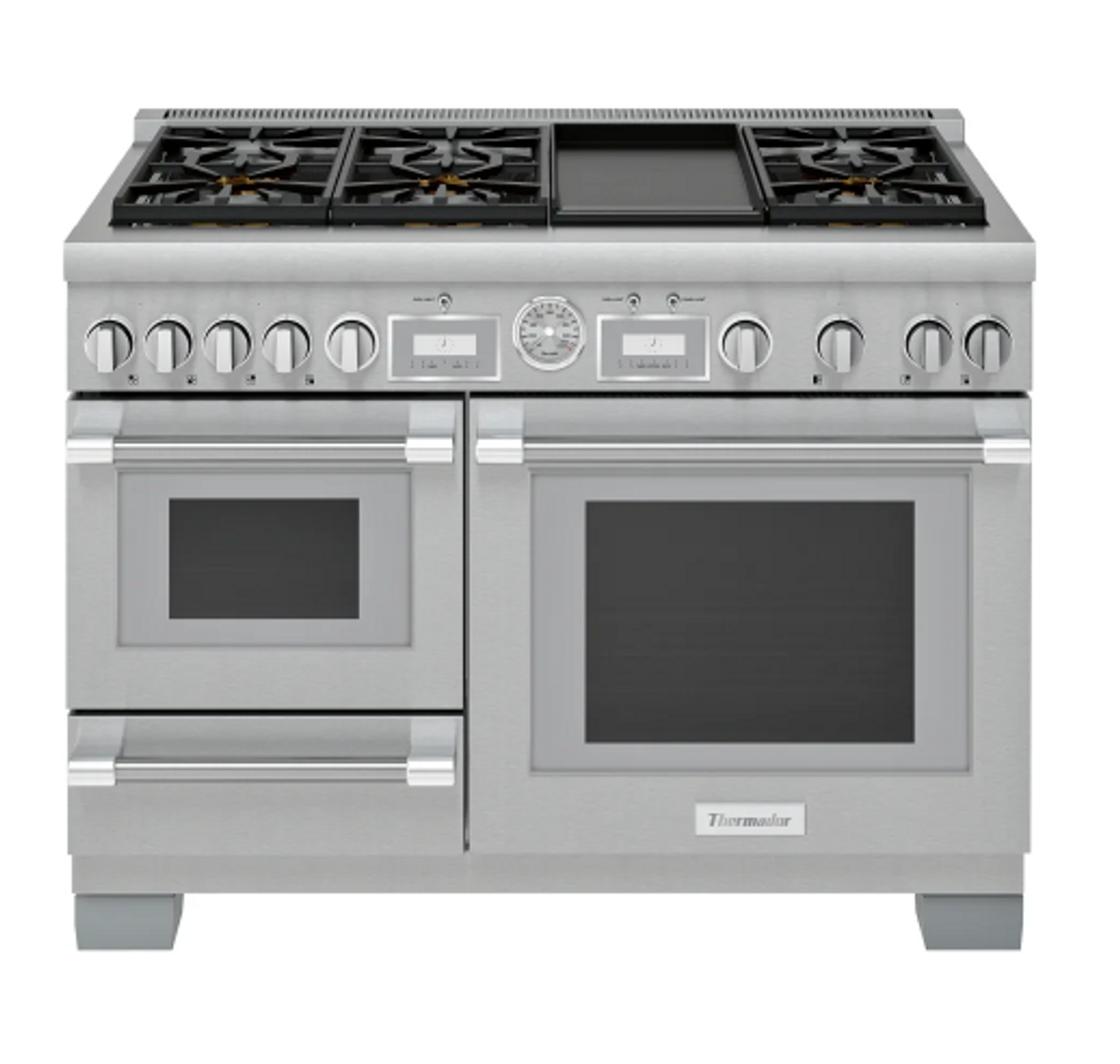 Stainless Steel  Thermador Pro Grand 48 Inch Wide 4.9 Cu. Ft. Slide In Dual Fuel Range with Steam Oven and Griddle