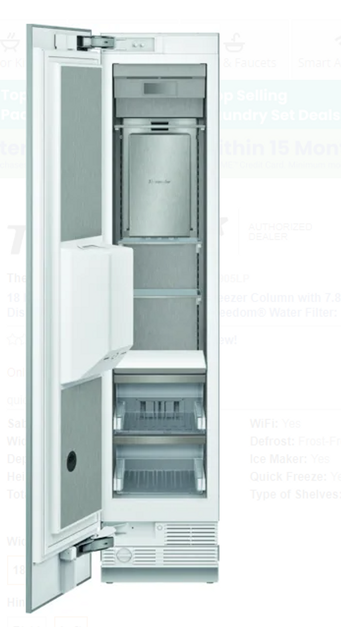 Thermador 18 Inch Panel- Ready Smart Freezer Column- Diamond Ice Maker 
