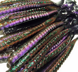 11 Ribbon Tail Worm Color: GP purple flake chart bottom (Pre Order 2-3  Weeks) - Paul Krew Custom Baits