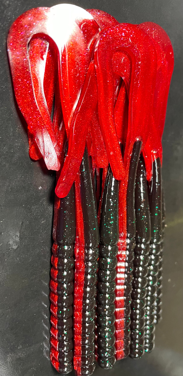 7.5 Classic Ribbon Tail Worm Color: Red Shad Green Flake 30 count pack  (Pre Order 2-3 Weeks) - Paul Krew Custom Baits