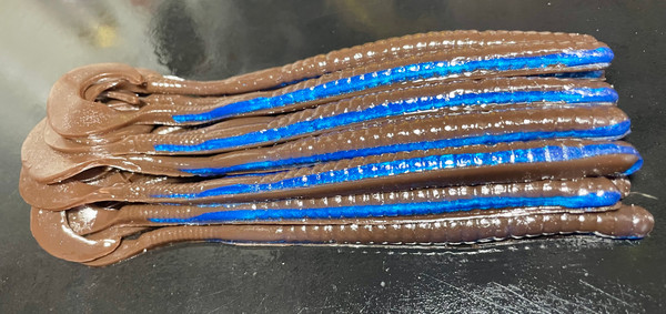 6.5" KREW Hook Tail Worm Color: Choclate Blue Neon 25 Count Pack  (Pre Order 2-3 Weeks)