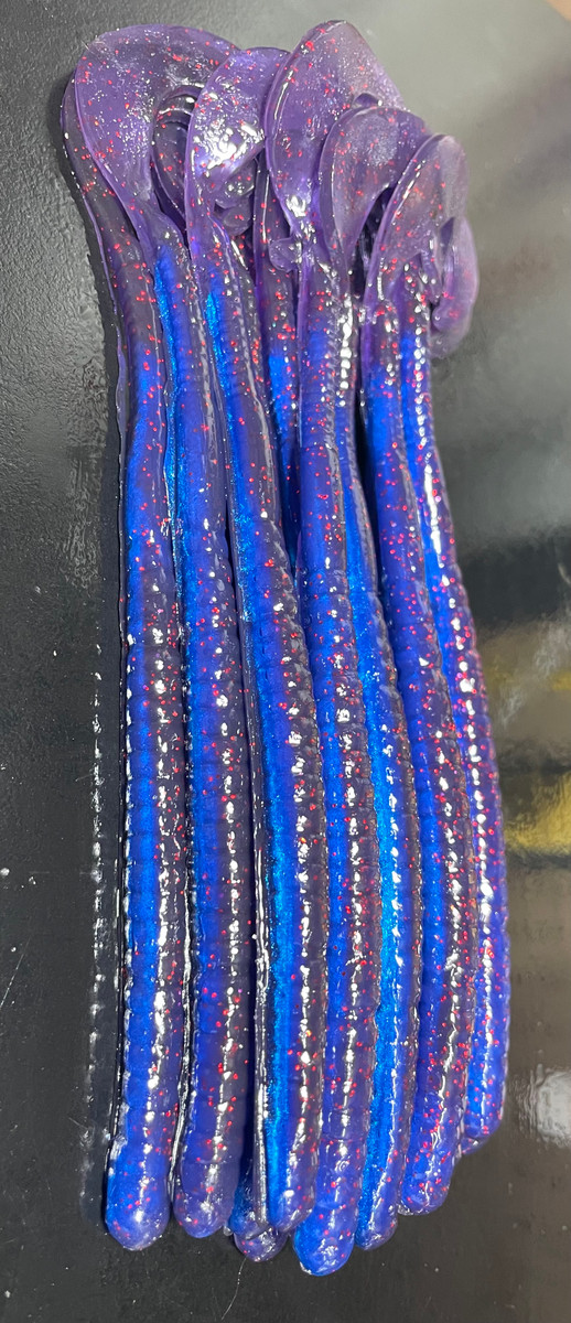 KREW Hook Tail Worm Color: Black Grape Blue Neon 25 Count Pack (Pre Order 2-3 Weeks)