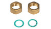 Brass adapter fittings that convert the G3/4 Maddalena water meter tailpiece to a standard 3/4" NPT connection for easy installation into North American plumbing systems.