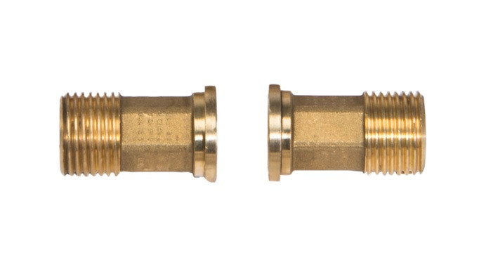 Brass adapter fittings that convert the G3/4 Maddalena water meter tailpiece to a standard 3/4" NPT connection for easy installation into North American plumbing systems.