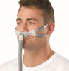 ResMed Swift FX Bella Gray nasal pillow CPAP mask featuring the lightweight silicone headgear loops, flexible frame, and soft nasal cushion