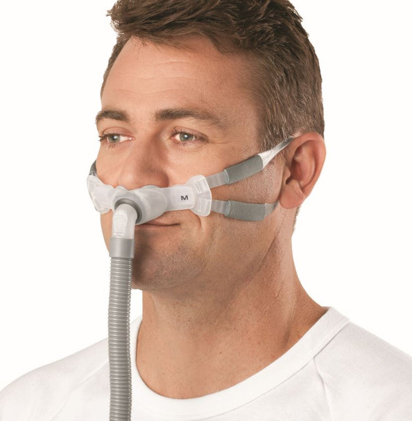 ResMed Swift FX Bella Gray nasal pillow CPAP mask featuring the lightweight silicone headgear loops, flexible frame, and soft nasal cushion