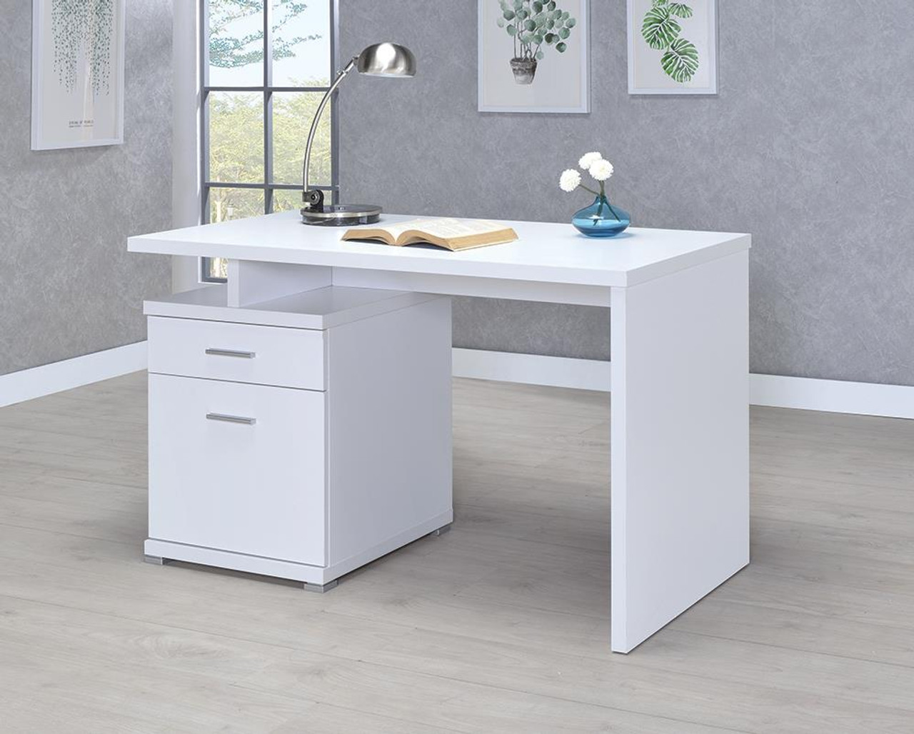 white desk with file cabinet drawers