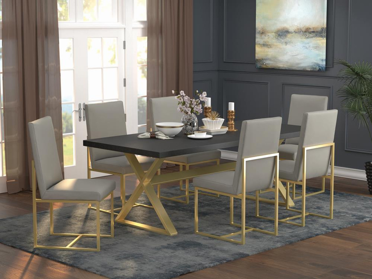 Jeanette Black/Linen Rectangular Dining Set