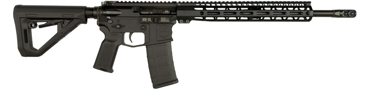 Front side view of black DS-15 Typhoon 16″ rifle with M-Lok handguard, pistol grip & stock, Firestorm comp