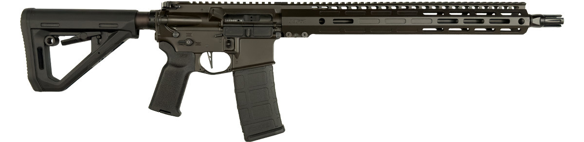 Side view of DSI MFR rifle with black receiver, black 15″ free-float M-Lok handguard, matching stock & grip, 16″ SOCOM barrel, W.T.F. flash hider