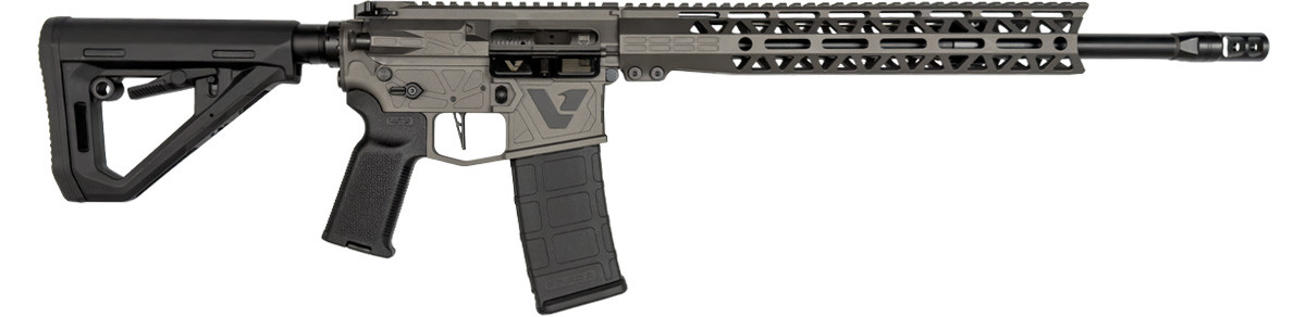 Side view of DS-15 Variant 1 with tungsten finish, 12″ M-Lok forearm, 16″ 5.56 barrel, competition comp, and Hogue stock
