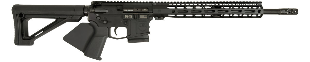 Front side view of California-compliant DS-15 Typhoon rifle in black with 16″ SOCOM barrel, Firestorm comp, fixed stock & featureless grip