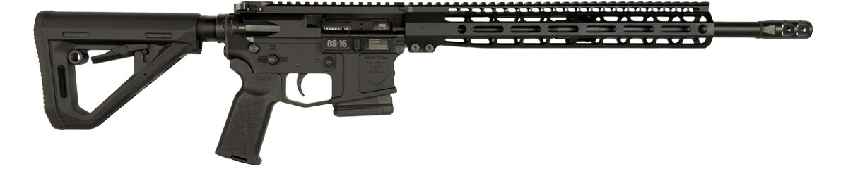 Side view of black DS-15 MD HBAR Typhoon rifle with matched receiver, 16″ HBAR barrel, Firestorm comp