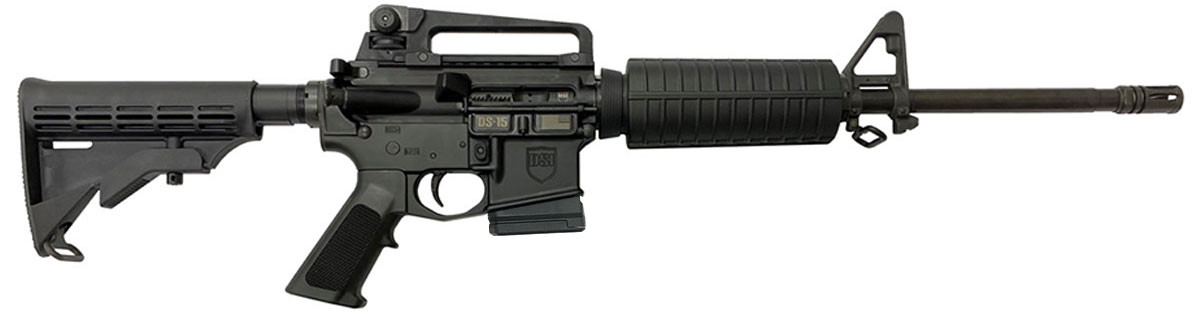 Side view of Dark Storm DS-15 M4 rifle with 16″ 5.56 NATO HBAR barrel, CAR15 7″ forearm, A2 sights; Maryland-compliant AR-15