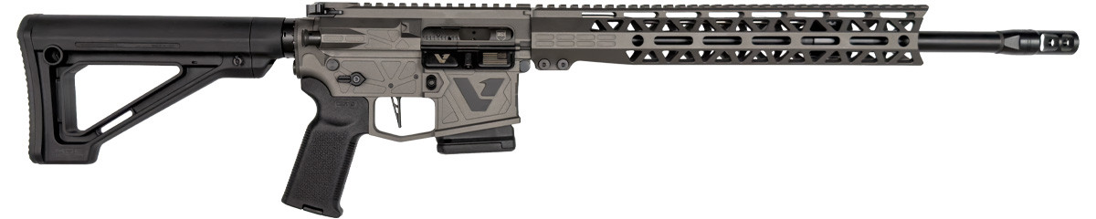 Side view of DS-15 Variant 1 post ban rifle with tungsten Cerakote finish, 12-inch M-Lok forearm, 16-inch SOCOM barrel with competition compensator, and Magpul fixed carbine stock