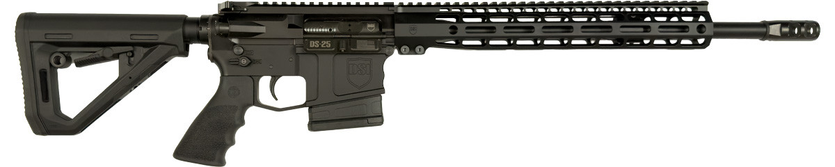 Side view of DS-25 Typhoon .308 fixed magazine rifle with 13-inch M-Lok handguard, Firestorm compensator, 16-inch nitride barrel, and Hogue adjustable stock in black finish
