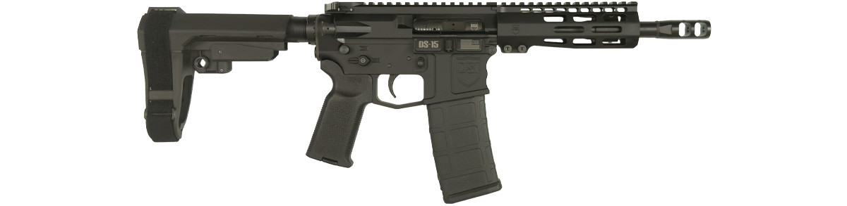 Front side view of DS-15 Typhoon pistol in black finish with 6-inch M-Lok handguard, Magpul K2 pistol grip, 7.5-inch SOCOM barrel with Firestorm