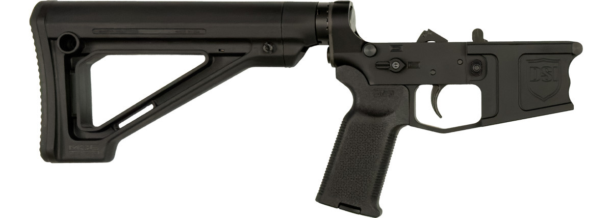 Front side view of a Black DSI DS-15 Typhoon assembled post ban lower receiver with billet 7075 aluminum, grooved mag well, Magpul fixed carbine stock, and Magpul K2 pistol grip