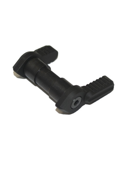 Angled view of DSI billet ambidextrous AR-15 safety selector with black anodized finish and textured levers
