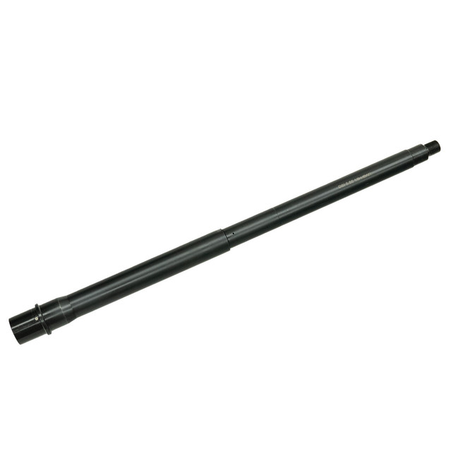 Top-down diagonal right view of DSI 16-inch 5.56 NATO HBAR barrel with 1:9 twist, nitride finish, and 1/2x28 threads for AR-15 builds