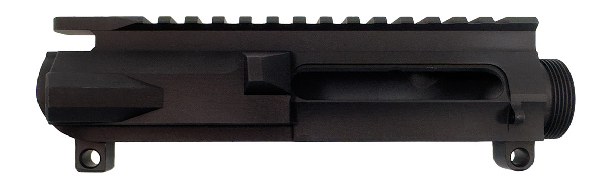 Side view of DSI billet stripped AR-15 upper receiver with 14-slot Picatinny rail and enhanced rear profile in black finish