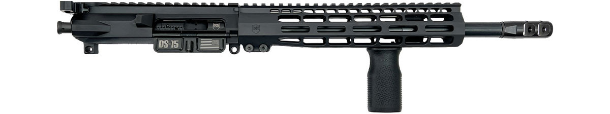 Side view of DSI Typhoon 12.5-inch 5.56 complete upper with M-Lok handguard, MVG grip, and Firestorm compensator in Black