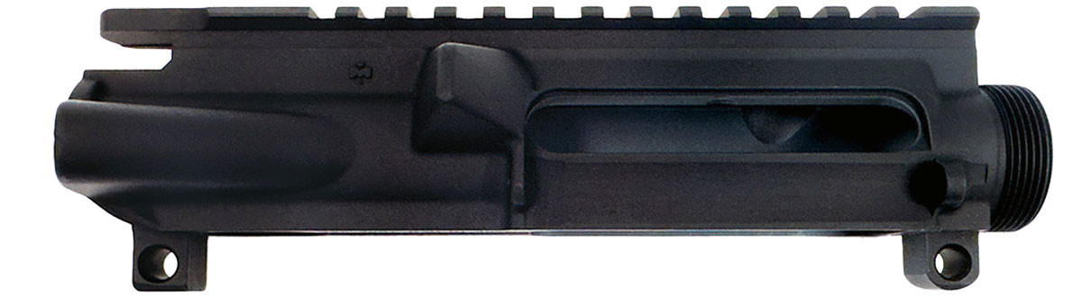 Side view of DS-15 forged stripped upper receiver for AR-15, CNC machined from 7075-T6 aluminum with black anodized finish