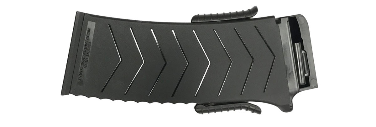 Top down view of BF-10 fixed magazine reloading tool for DS-15 rifles, with black handgrips and loading slot