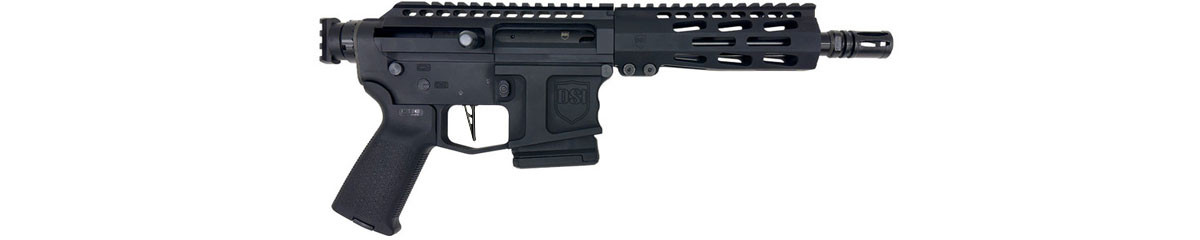 Side view of DS-15 Thunderbolt bolt-action 5.56 pistol in black with 6″ M-Lok forearm, A2 flash hider, and pic rail adapter.