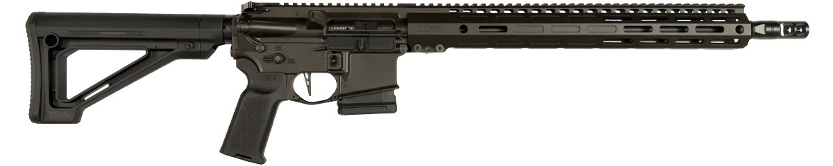 Front side view of an MFR NJ post ban rifle in black with a fixed stock and pin and welded compensator