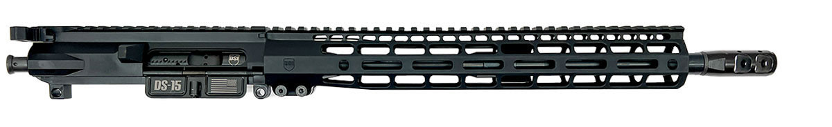 Side view of a complete billet Typhoon upper in Black with a 14.5" barrel, 13" Typhoon handguard, and firestorm compensator