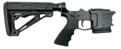 Front side view of DS-15 Typhoon assembled fixed-magazine lower receiver in black with factory-installed 10-round PMAG, and black Hogue stock & grip