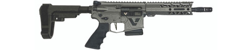 Side view of DS-15 Variant 1 fixed-magazine pistol with tungsten Cerakote receiver, 7.5″ nitride barrel, competition compensator, and SBA3 brace
